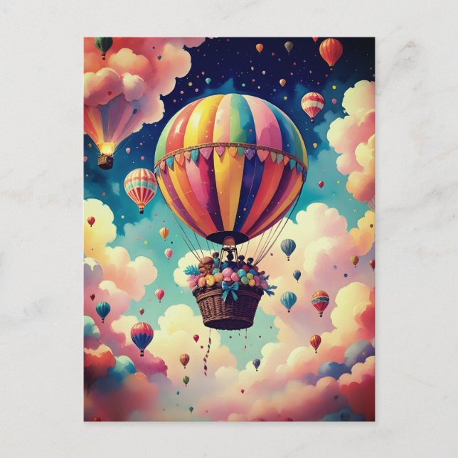  Hot Air Balloon Soaring Through Cotton Candy SkY Postcard (Front)