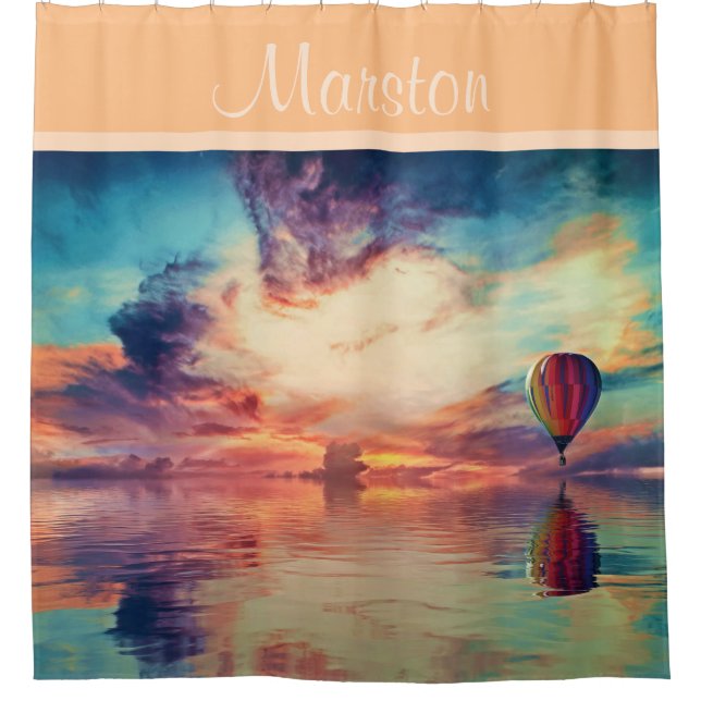 Hot Air Balloon Sunrise Name Peach Shower Curtain (Front)