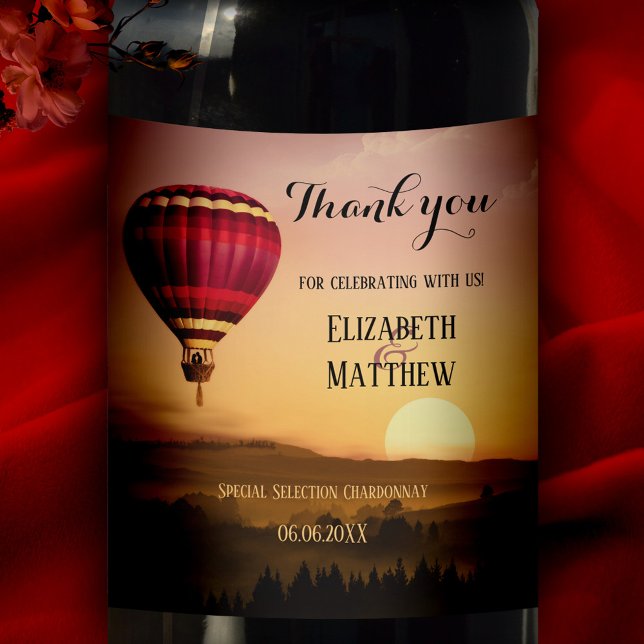 Hot Air Balloon Sunset Wedding Wine Label (Creator Uploaded)