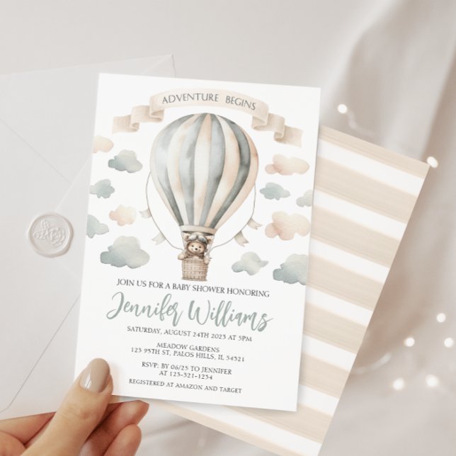 Hot air balloon teddy bear baby boy shower invitation (Creator Uploaded)