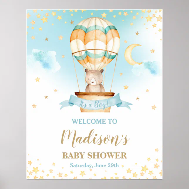 Hot Air Balloon Teddy Bear Baby Shower Boy Welcome Poster | Zazzle