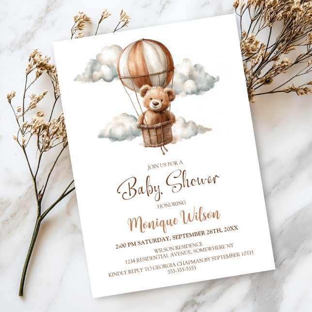 Hot Air Balloon Teddy Bear Baby Shower Invitation (Creator Uploaded)