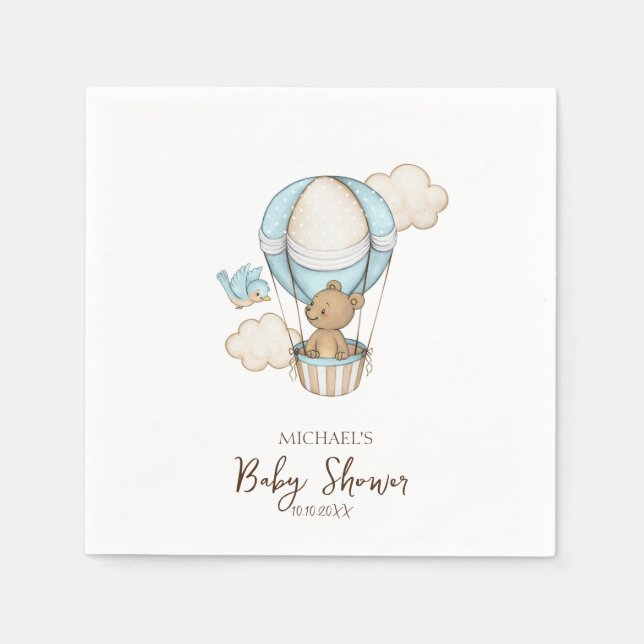 Hot Air Balloon Teddy Bear Cloud Bird Baby Shower Napkin (Front)