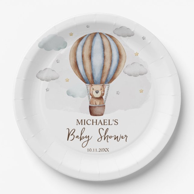 Hot Air Balloon Teddy Bear Clouds Baby Shower Paper Plate (Front)