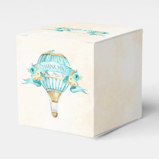 Hot Air Balloon Turquoise Gold Yellow Roses Favour Box (Front Side)