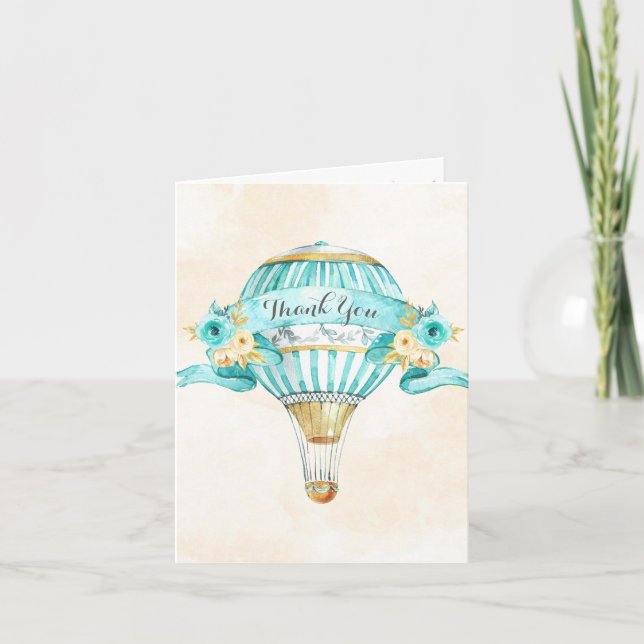 Hot Air Balloon Turquoise Yellow Arrows Roses Thank You Card (Front)