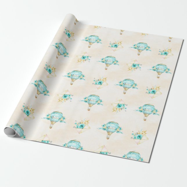 Hot Air Balloon Turquoise Yellow Roses Wrapping Paper (Unrolled)