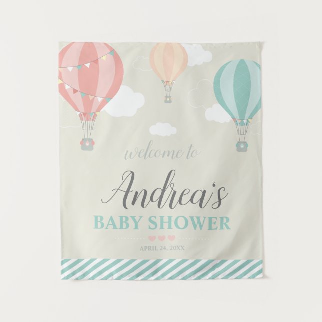 Hot Air Balloon Up & Away Baby Shower Welcome Sign Tapestry (Front)