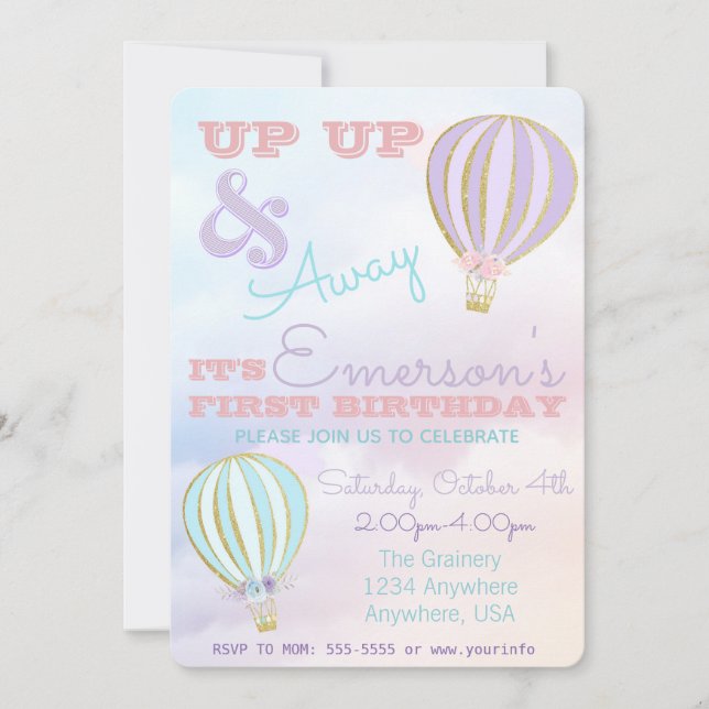 Hot air balloon, up up & away birthday invitation (Front)