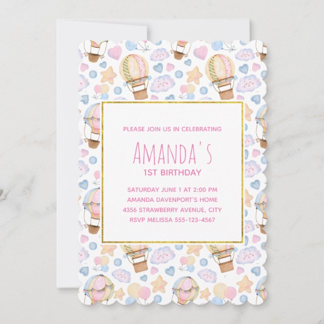 Hot Air Balloon Watercolor Pattern Birthday Invitation (Front)