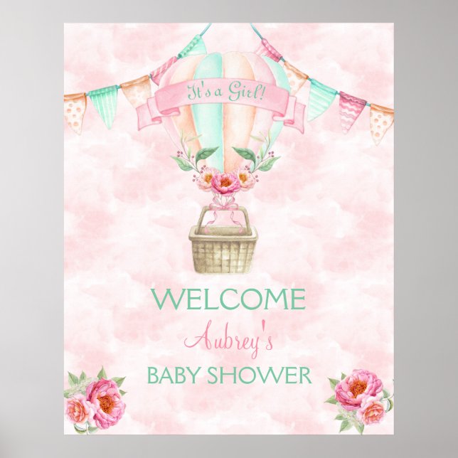Hot Air Balloon Watercolor Pink Mint Peach Poster (Front)