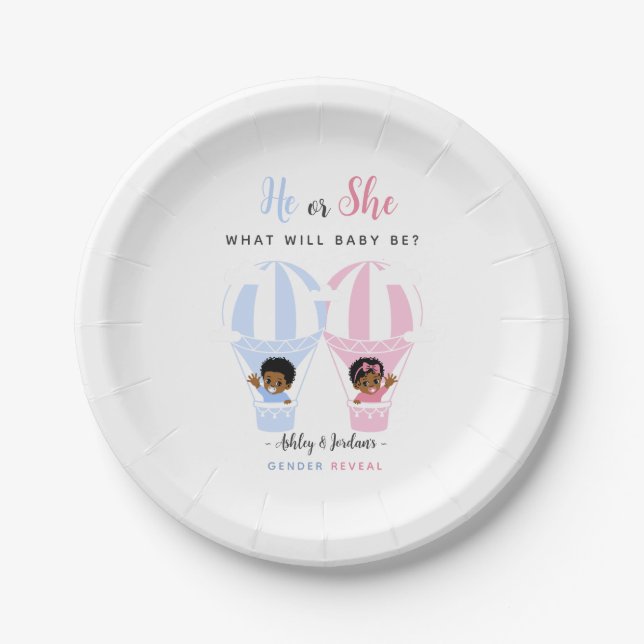 Hot Air Balloon Waving Black Baby Gender Reveal Paper Plate (Front)