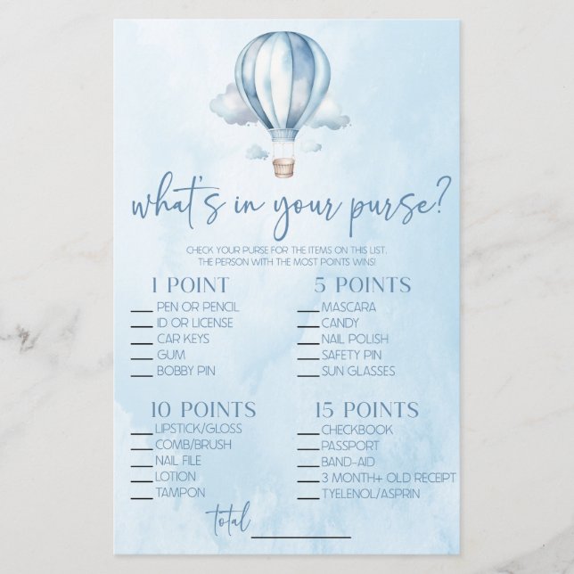 Hot Air Balloon What's In Purse Baby Shower Game (Front)