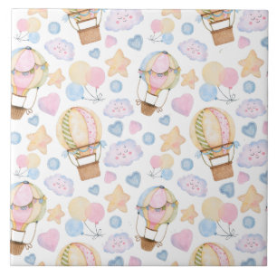 Hot Air Balloon Whimsical Watercolor Pattern Ceramic Tile