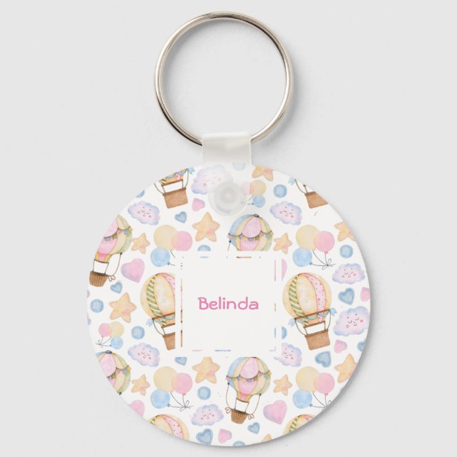 Hot Air Balloon Whimsical Watercolor Pattern Key Ring (Front)