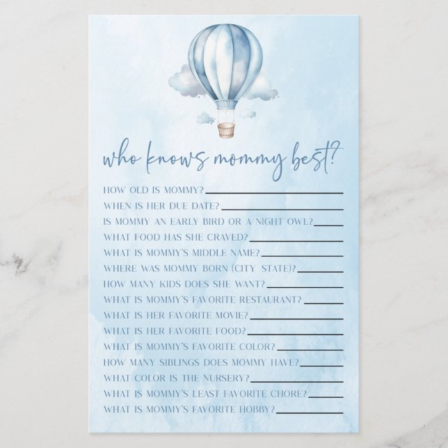 Hot Air Balloon Who Knows Mummy Baby Shower Game (Front)