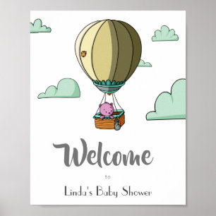 Hot Air Balloon with Bear Welcome Baby Shower Poster
