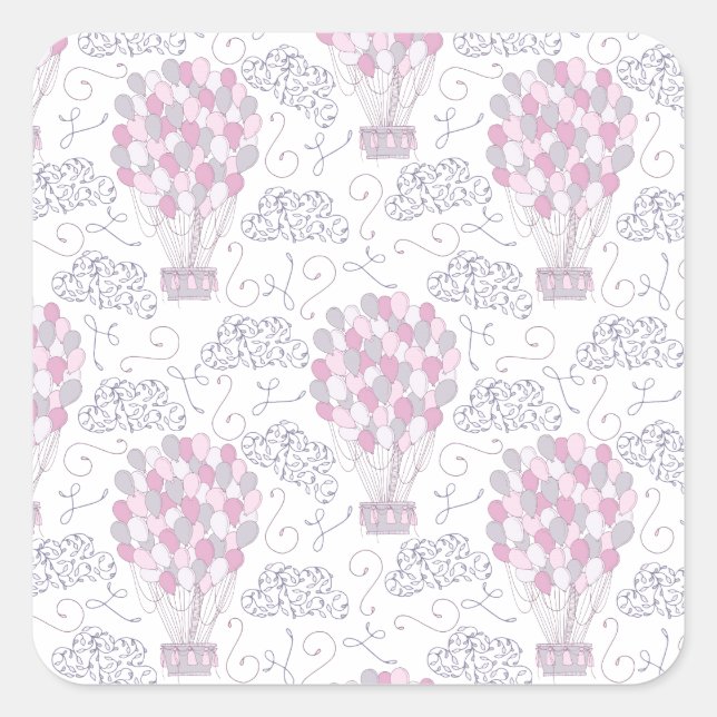 Hot air balloon with party balloons in pink square sticker (Front)