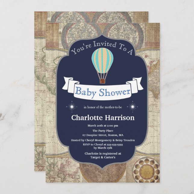 Hot Air Balloon & World Map Baby Shower Invitation (Front/Back)
