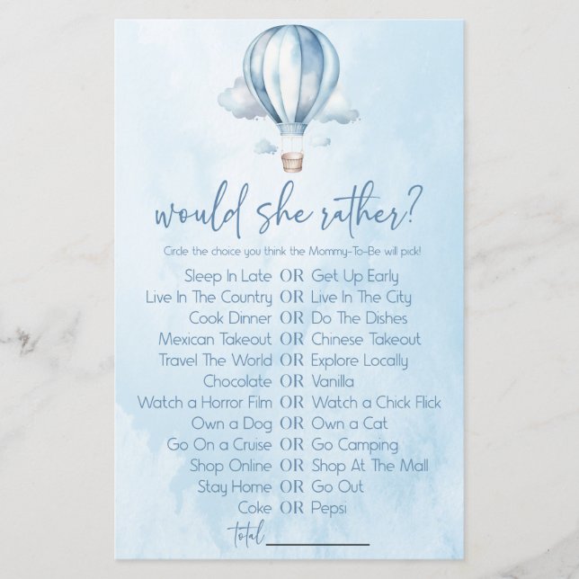Hot Air Balloon Would She Rather Baby Shower Game (Front)