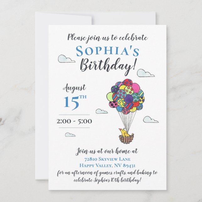 Hot Air Balloons Bird Nest Illustration Birthday Invitation (Front)