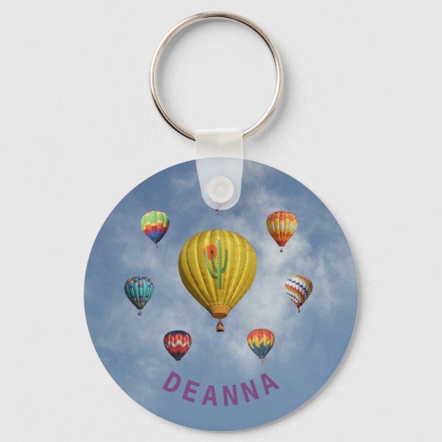 Hot Air Balloons Circle Whispy Clouds Purple Name Key Ring (Front)