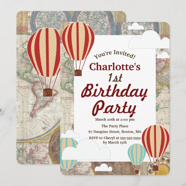 Hot Air Balloons & Clouds World Travel Birthday Invitation (Front/Back)