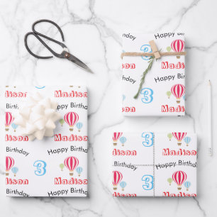 Hot Air Balloons Design Birthday Custom Name Wrapping Paper Sheet