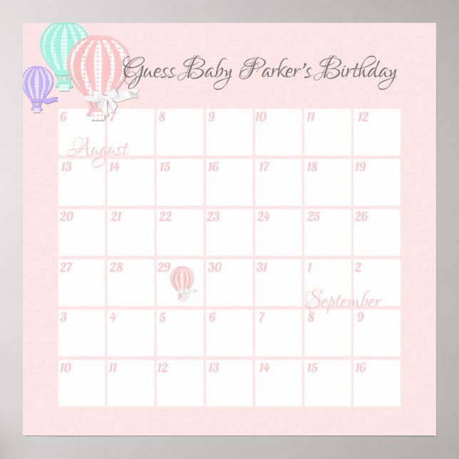 Hot Air Balloons, Guess Baby's Due Date Poster (Front)