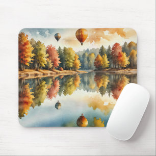 Hot Air Balloons Hovering Over an Autumn Lake Mouse Pad