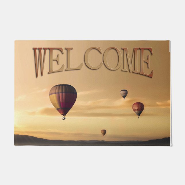 Hot Air Balloons in Golden Skies Welcome Doormat (Front)