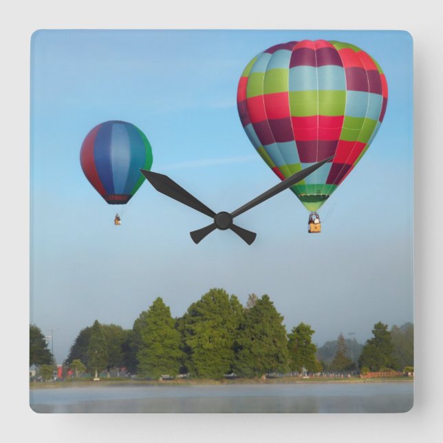 Hot air balloons over a lake,  NZ Square Wall Clock (Front)