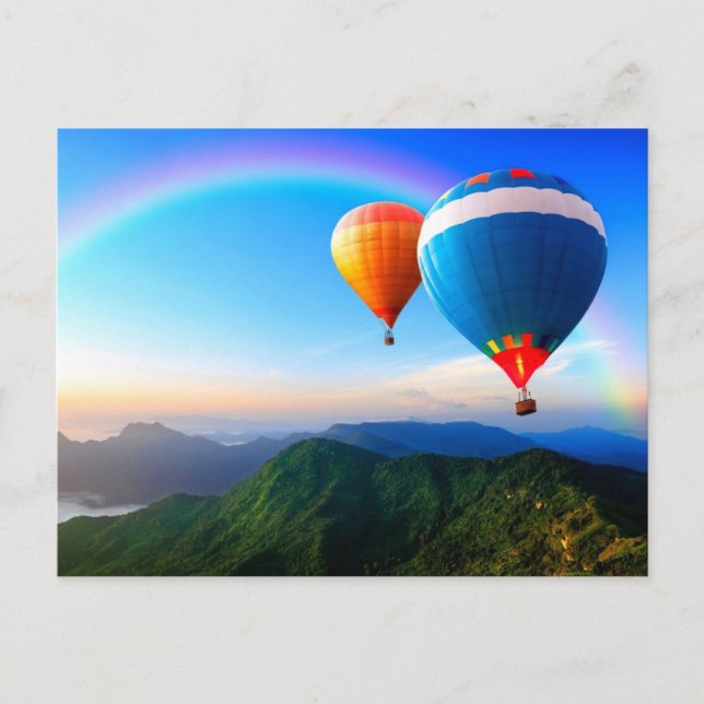 Hot Air Balloons Over Mountains Rainbow Postcard (Front)