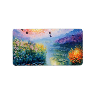 Hot air Balloons over pastel stream Label