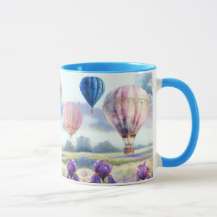 Hot Air Balloons Over Scenic Iris Field Mug