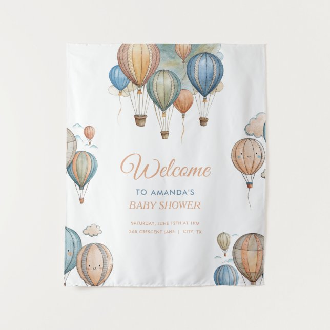 Hot Air Balloons Pastel Boy Travel Baby Shower Tapestry (Front)