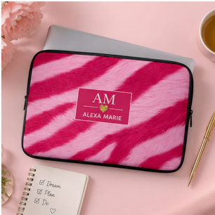 Hot Baby Pink Faux Fur Zebra Stripe Soft Glam Laptop Sleeve