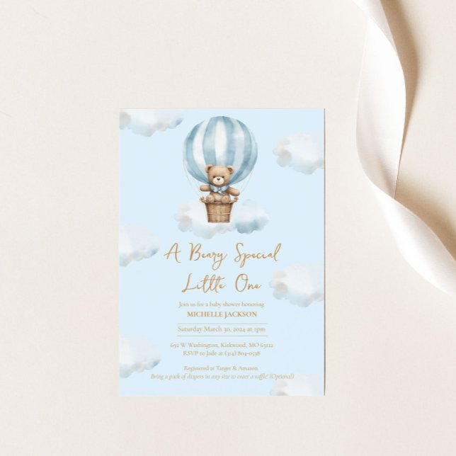 Hot Ballon Teddy Bear Boy Baby Shower Invitation (Creator Uploaded)