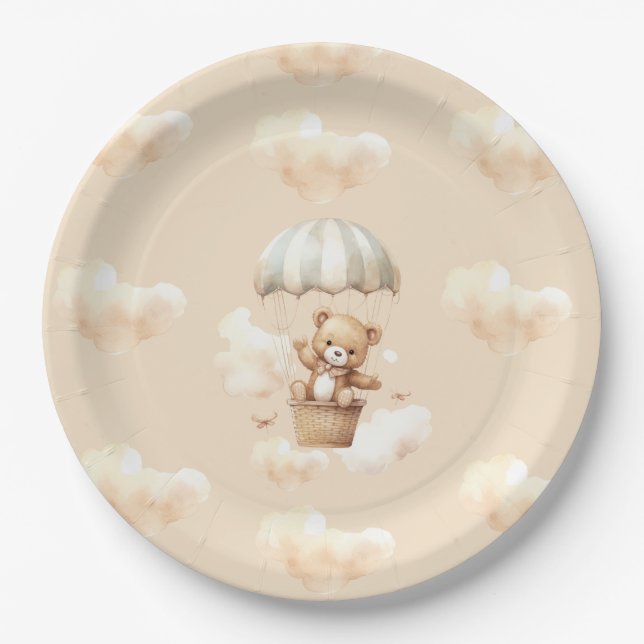 Hot Balloon Teddy Bear Neutral Baby Shower Plates (Front)