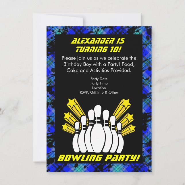 Hot Blue Boy Personalised Bowling Party Invitation (Front)
