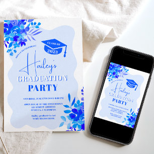 Hot blue wavy frame boho floral graduation invitation