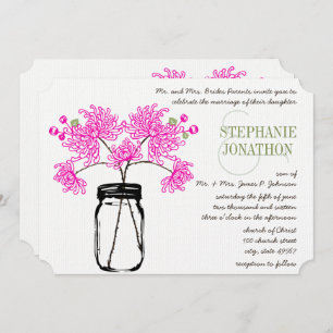 Hot Bright Pink Mason Jar Wildflower Wedding Invitation
