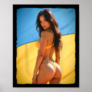 Hot Bybe - Brunette Bikini Girl With Ukraine Flag  Poster
