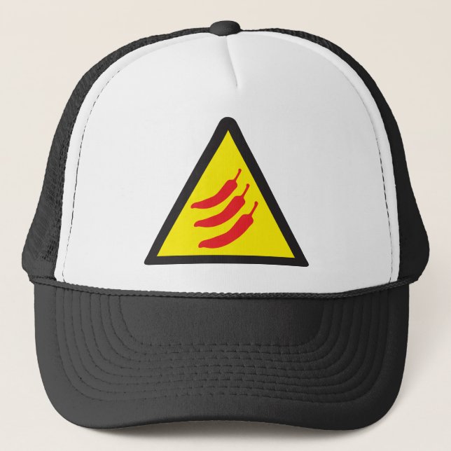 Hot Chili Pepper Three Warning Sign Trucker Hat (Front)