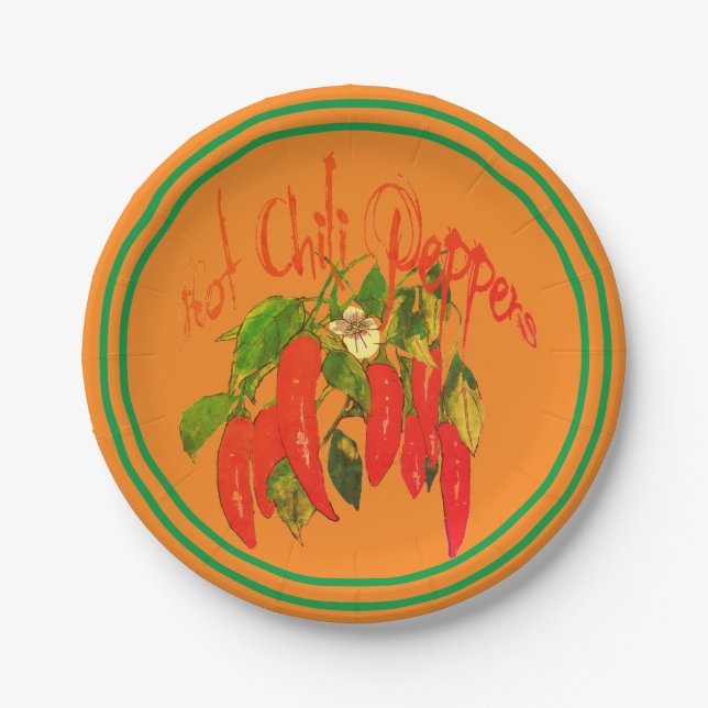 Hot Chili Peppers onTerra Cotta Green Border Paper Plate (Front)
