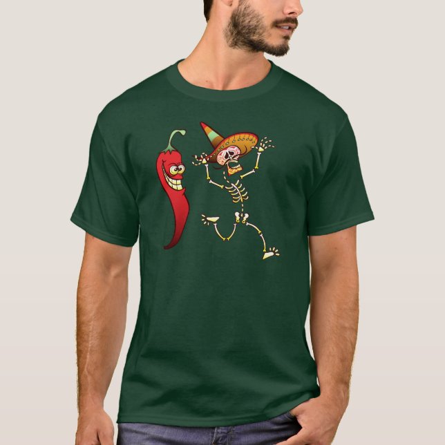 Hot Chilli Pepper Nightmare for a Mexican Skeleton T-Shirt (Front)