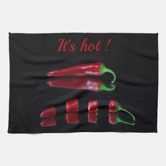 Hot chilli pepper photo red and black with text tea towel (Horizontal)