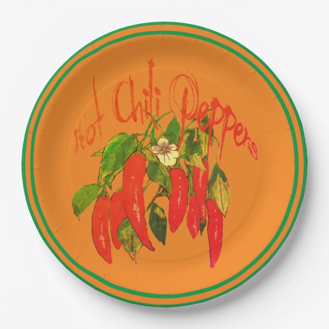 Hot Chilli Red Peppers Terra Cotta Background Text Paper Plate (Front)