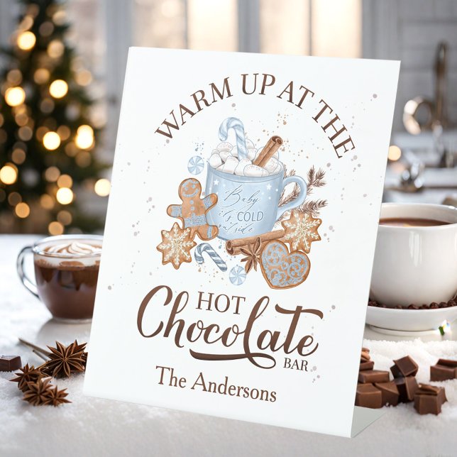 Hot Chocolate Bar Blue Brown Christmas Family Name Pedestal Sign (Hot Chocolate Bar Blue Brown Christmas Family Name Pedestal Sign)