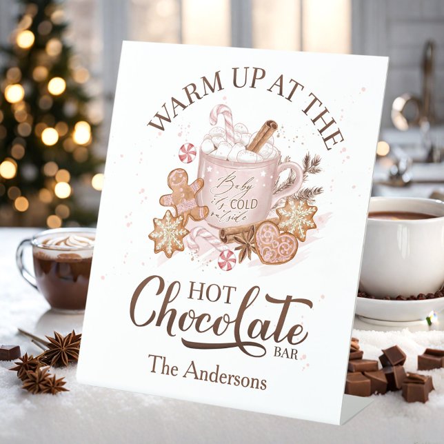 Hot Chocolate Bar Pink Christmas Family Name Pedestal Sign (Hot Chocolate Bar Pink Christmas Family Name Pedestal Sign)